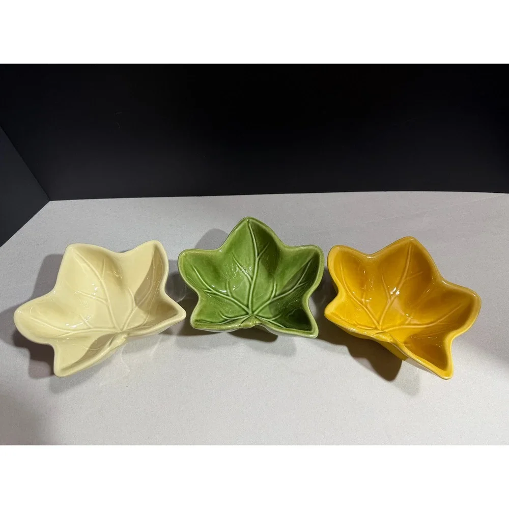 Set of 3 Ceramic Ivy Leaf Dipping Bowls Yellow Green Cream Autumn Harvest Decor